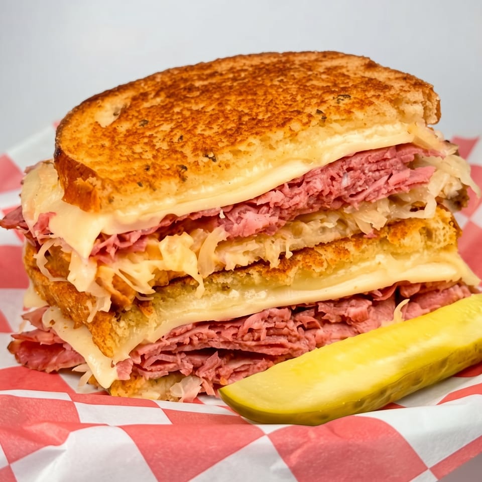 Stacked Reuben sandwich with corned beef, sauerkraut, melted cheese, and a pickle spear on checkered paper.