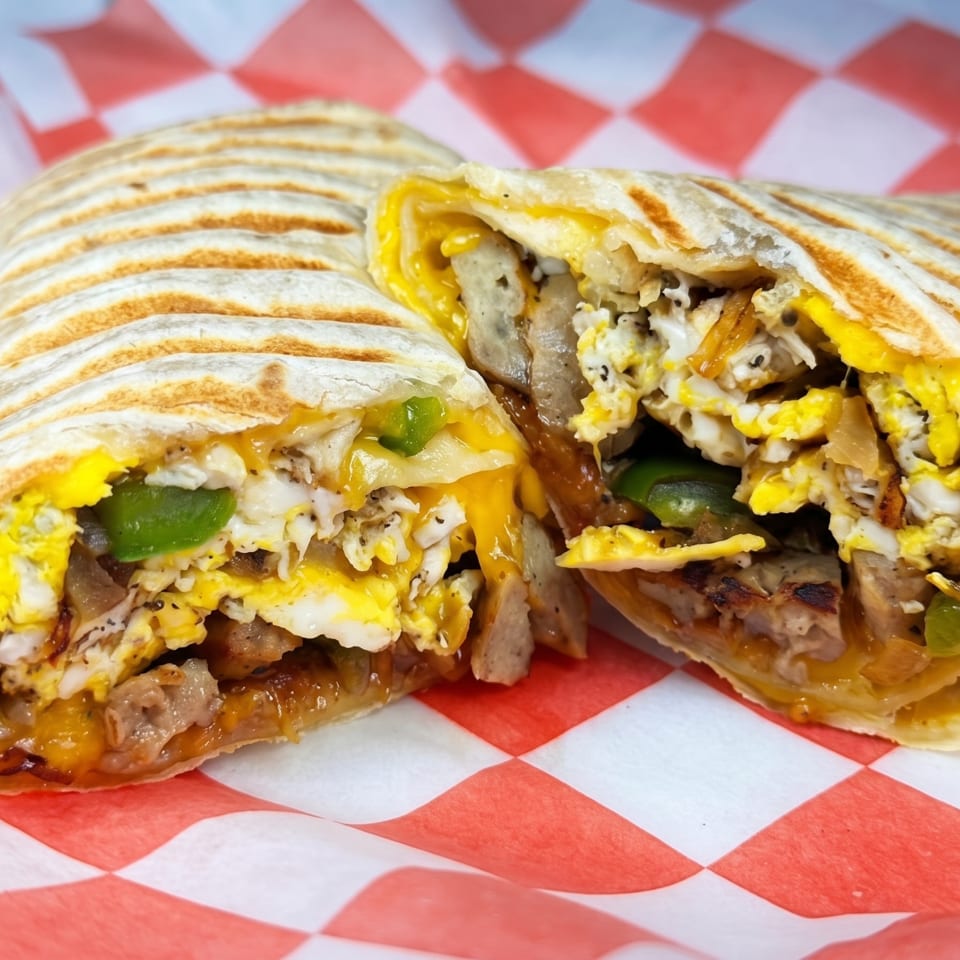 Grilled breakfast burrito, cut in half, revealing eggs, sausage, cheese, and green peppers on checkered paper.